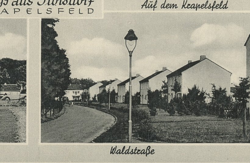 Die damalige Waldstraße (heute: Am Hirschpark) auf einer historischen Ansichtskarte, Verlag F. Vogel in Oberlar (Quelle: Stadtarchiv Troisdorf)