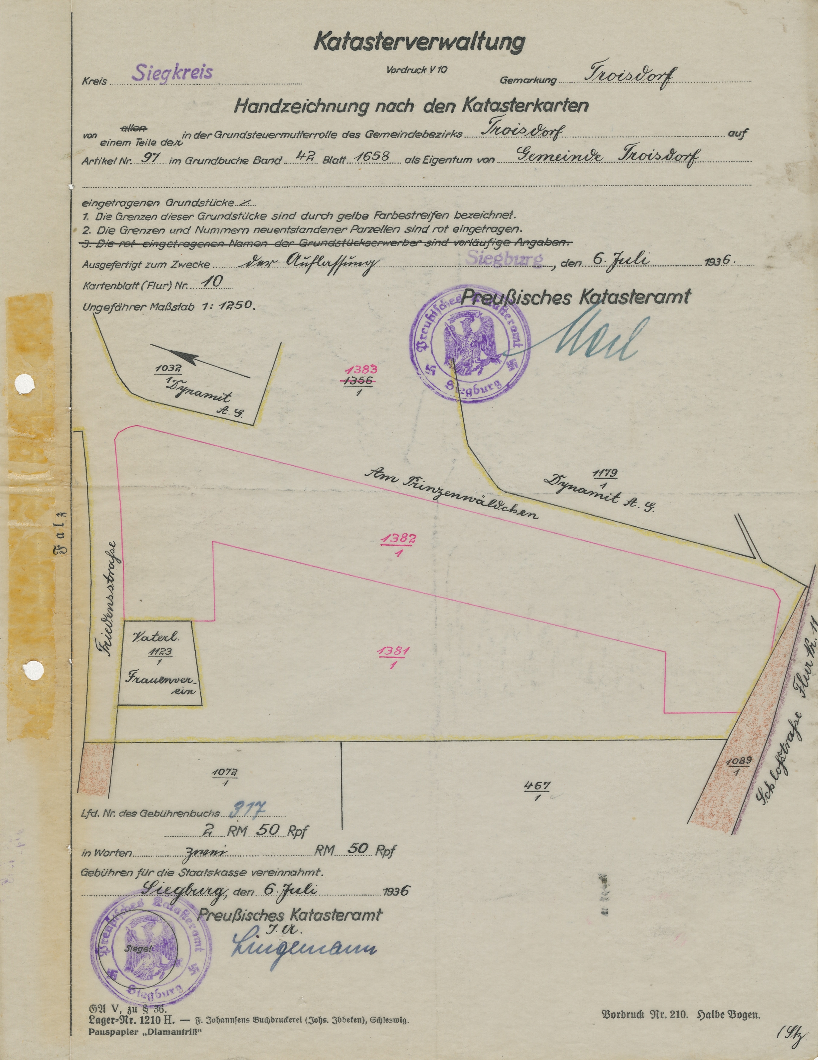 Die Straße "Am Prinzenwäldchen" auf einem Auszug aus einer Katasterkarte, 6. Juli 1936 (Quelle: Stadtarchiv Troisdorf, A 3005). Die Straße "Am Prinzenwäldchen" auf einem Auszug aus einer Katasterkarte, 6. Juli 1936 (Quelle: Stadtarchiv Troisdorf, A 3005).
