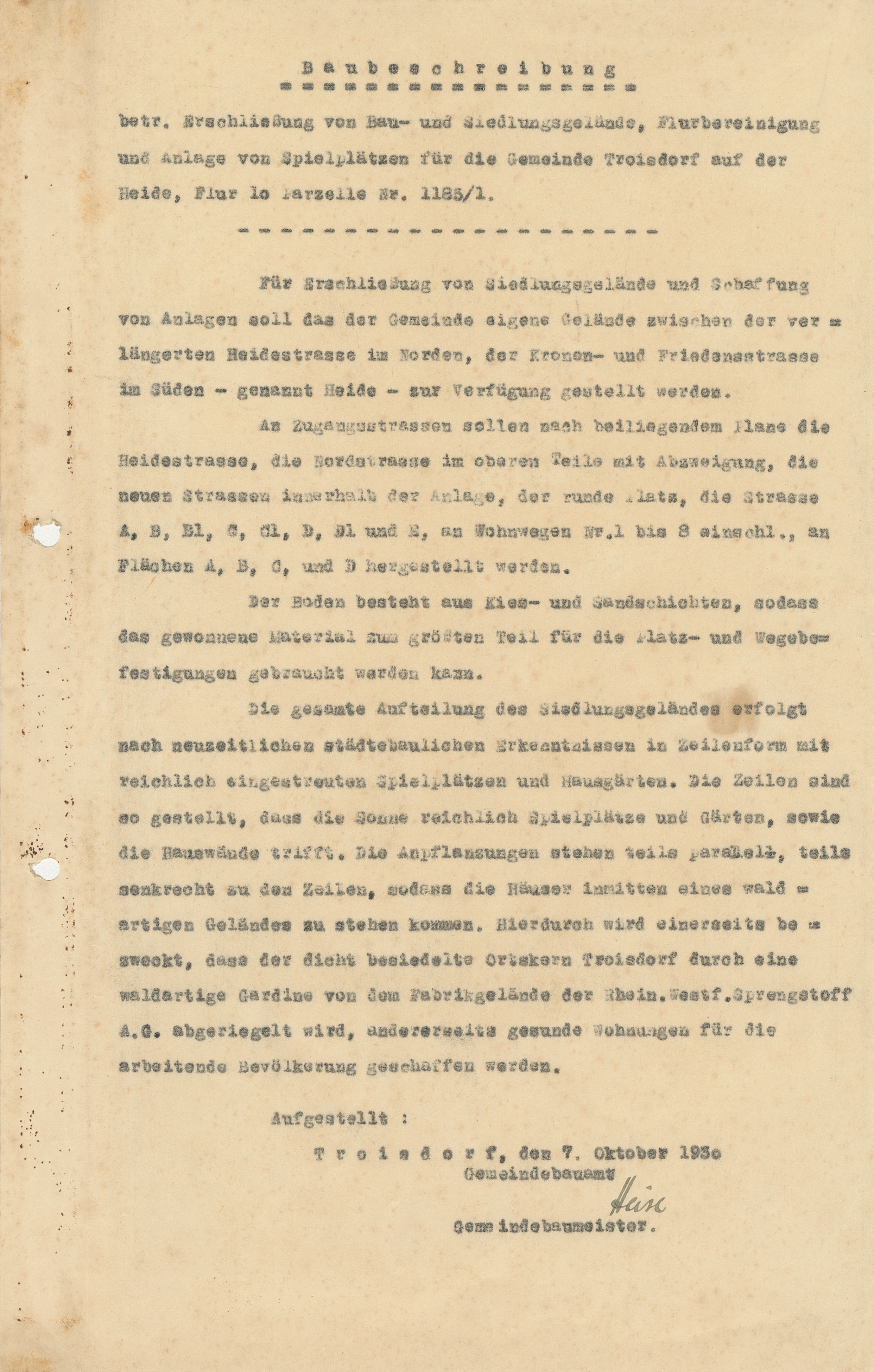 Baubeschreibung betr. Erschließung von Bau- und Siedlungsgelände, Flurbereinigung und Anlage von Spielplätze für die Gemeinde Troisdorf auf der Heide (heute: Carl-Diem-Straße), 07.10.1930 (Quelle: Stadtarchiv Troisdorf, A 1280)