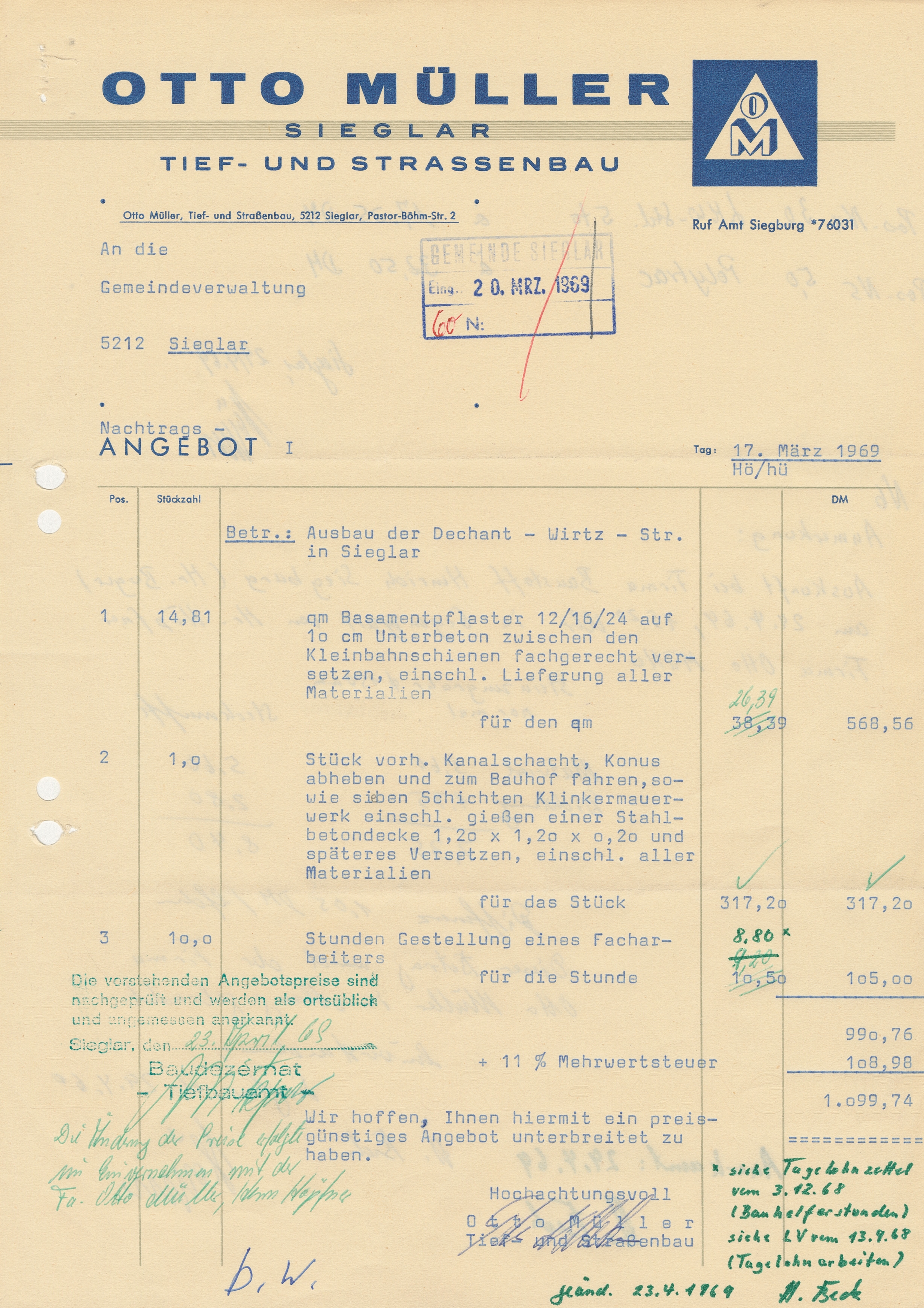 Angebot des Bauunternehmens Otto Müller aus Sieglar für den Ausbau der Dechant-Wirtz-Straße vom 17.03.1969 (Quelle: Stadtarchiv Troisdorf, B 1888)