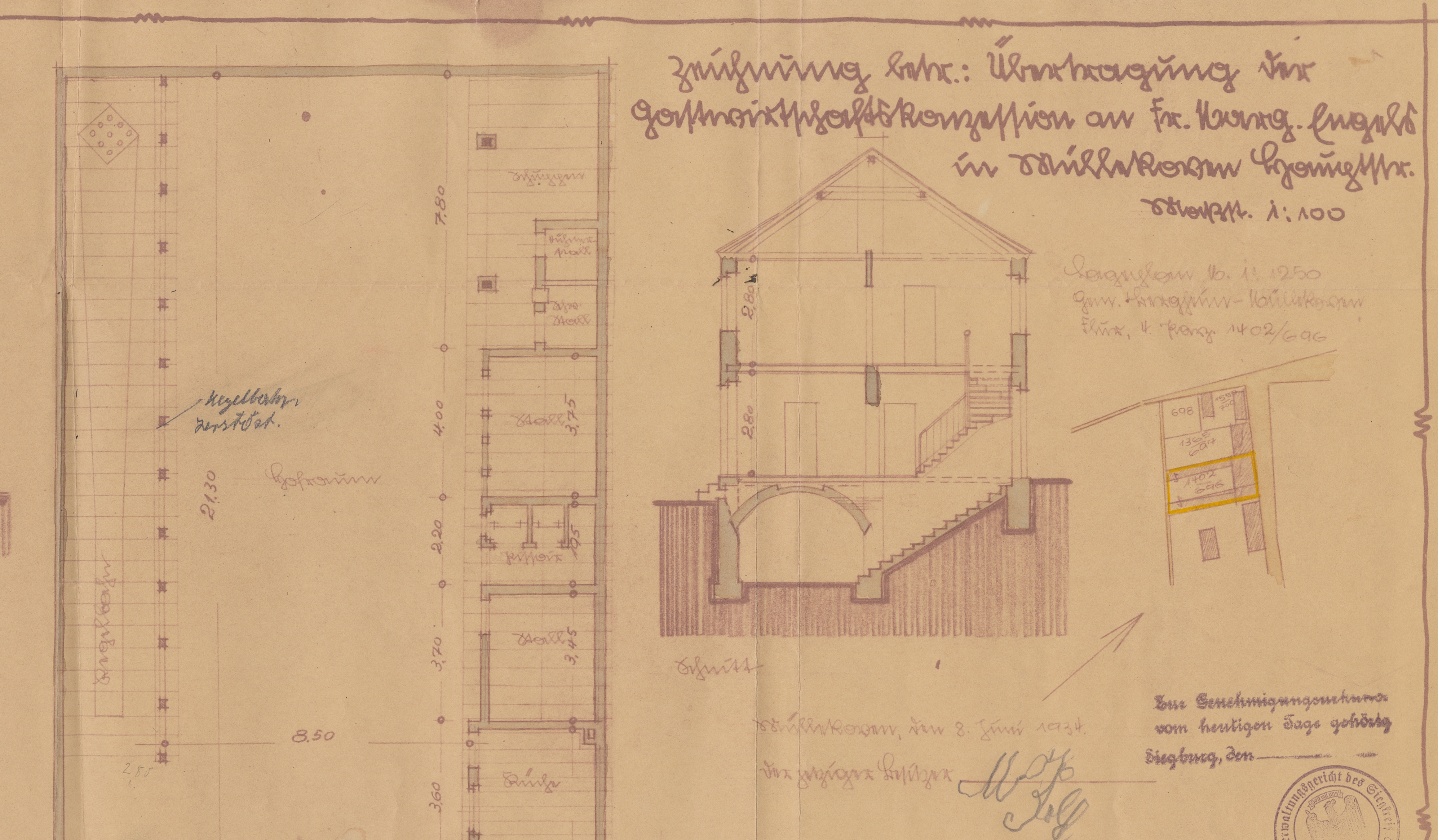 Gebäudezeichnung zur Übertragung der Gaststättenkonzession an Frau Engels in Müllekoven, Hauptstraße (heute: Dorfstraße) (Quelle: Stadtarchiv Troisdorf, B 435) Gebäudezeichnung zur Übertragung der Gaststättenkonzession an Frau Engels in Müllekoven, Hauptstraße (heute: Dorfstraße) (Quelle: Stadtarchiv Troisdorf, B 435)