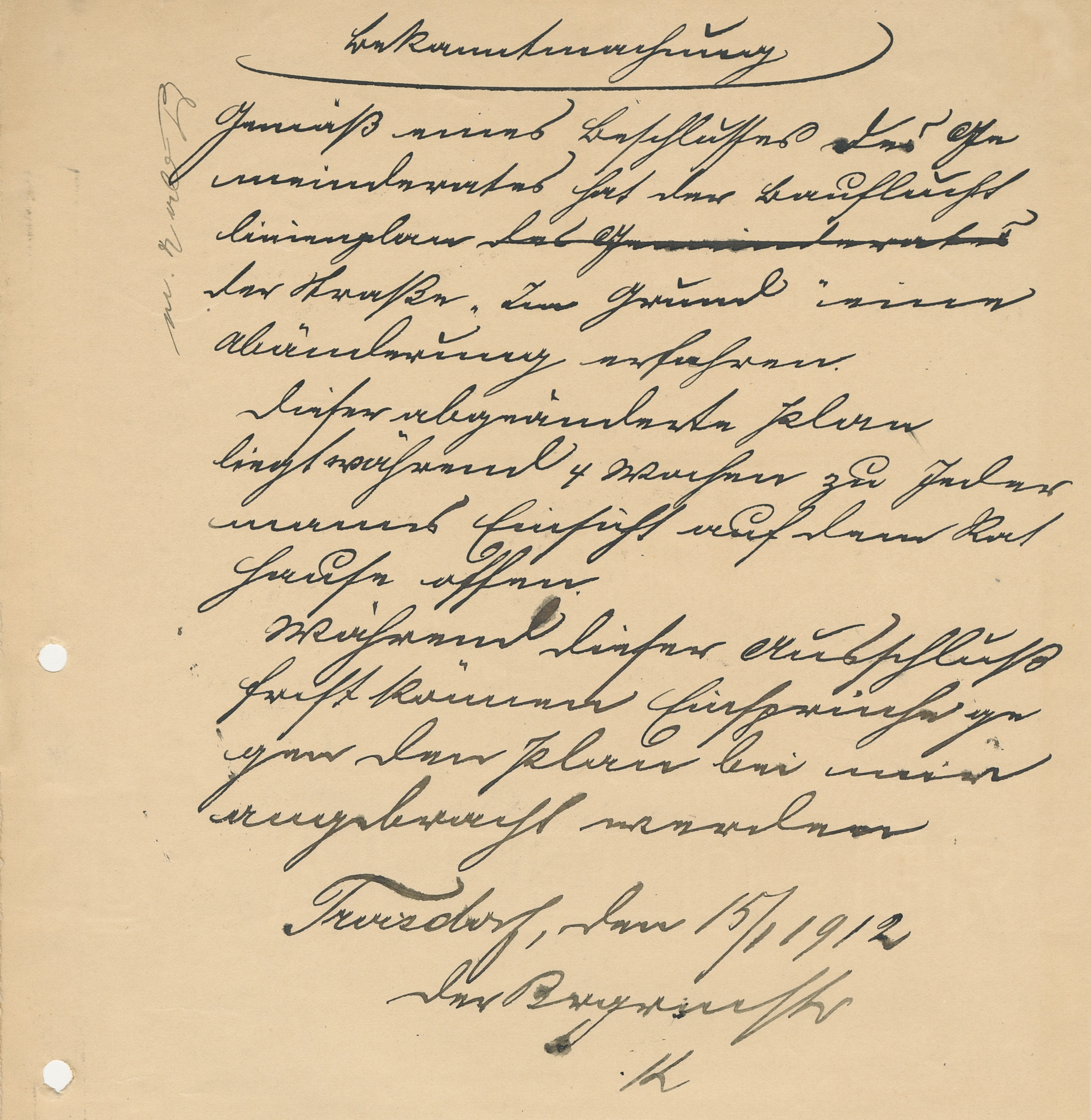 Bekanntmachung des Troisdorfer Bürgermeisters vom 15.01.1912, dass der Baufluchtlinienplan der Straße "Im Grund" durch Beschluss des Gemeinderates abgeändert wurde (Quelle: Stadtarchiv Troisdorf, A 235, Bl. 11)