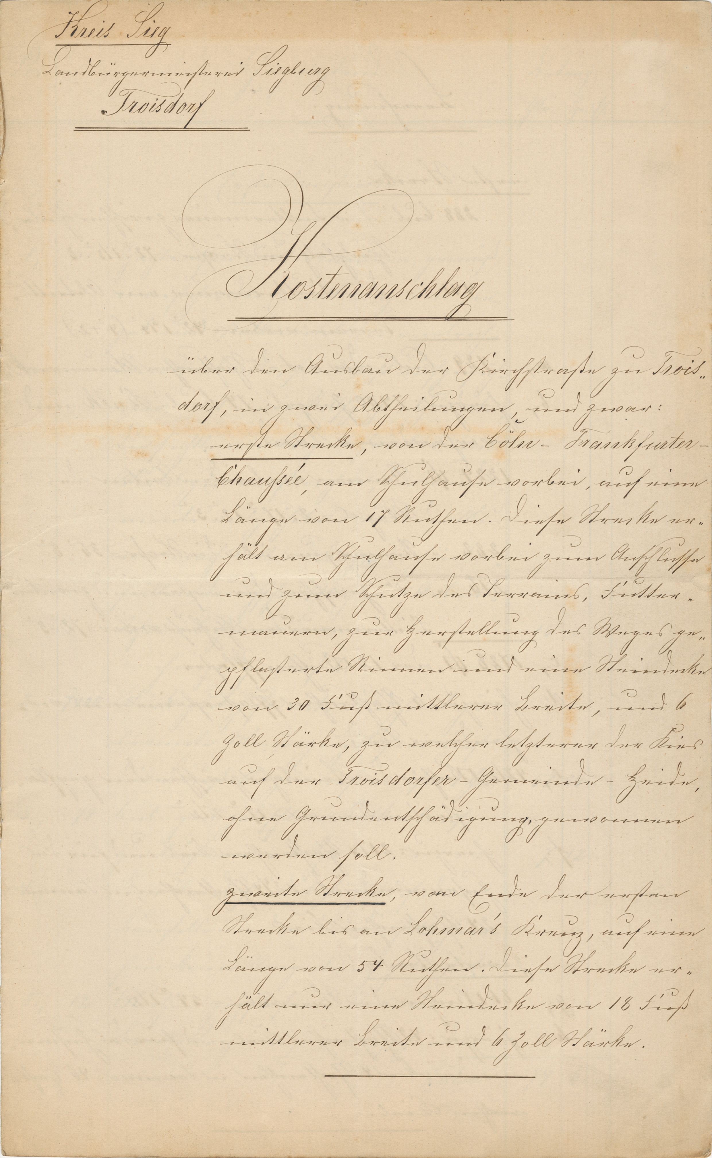 Kostenanschlag über den Ausbau der Kirchstraße zu Troisdorf vom 24.01.1870 (Quelle: Stadtarchiv Troisdorf, A 154, Bl. 91)