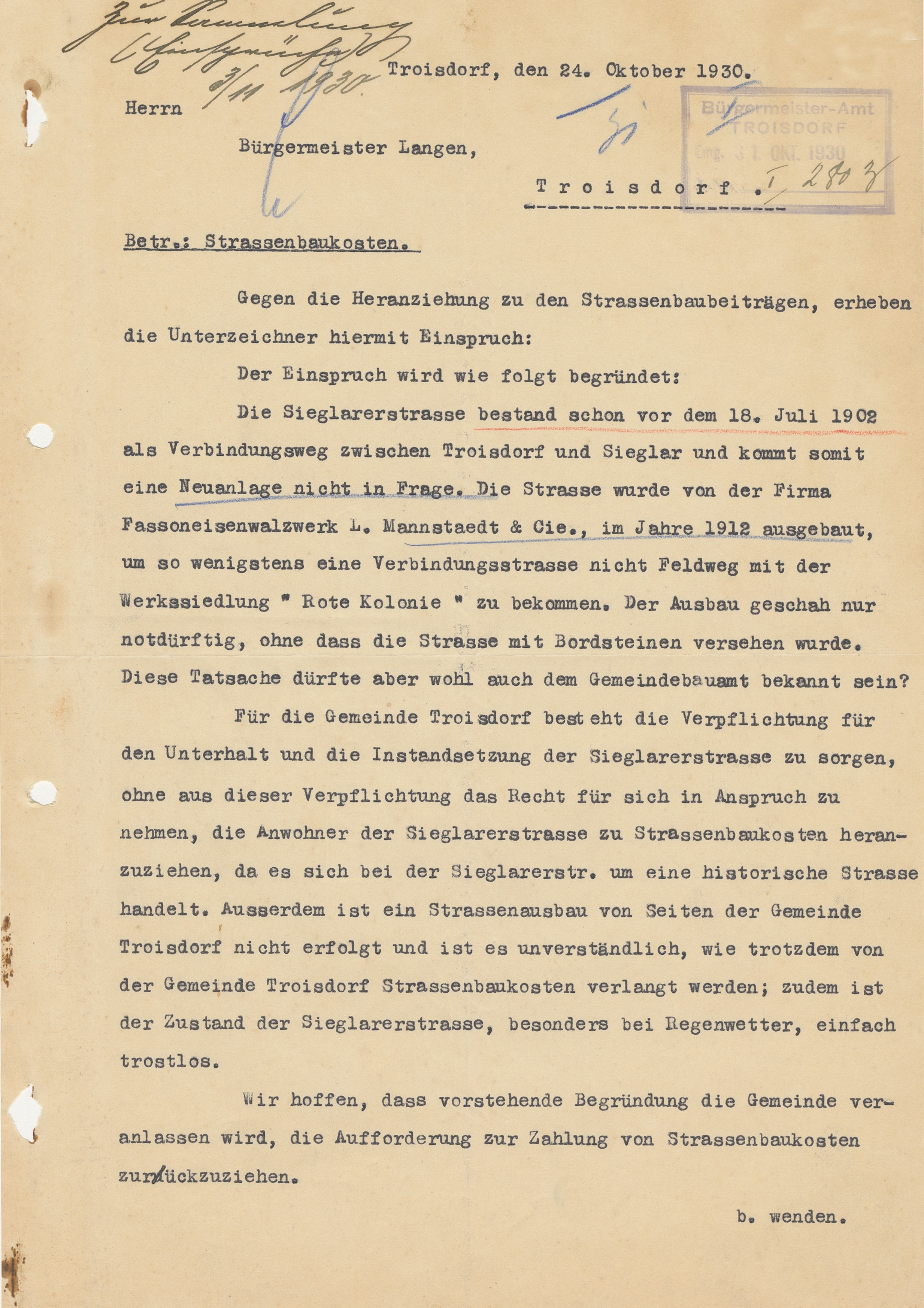 Einspruch von Anwohnern der Sieglarer Straße in Troisdorf (heute: Moselstraße) vom 24.10.1930 gegen die Erhebung von Straßenbaubeiträgen (Quelle: Stadtarchiv Troisdorf, A 464, Bl. 355)