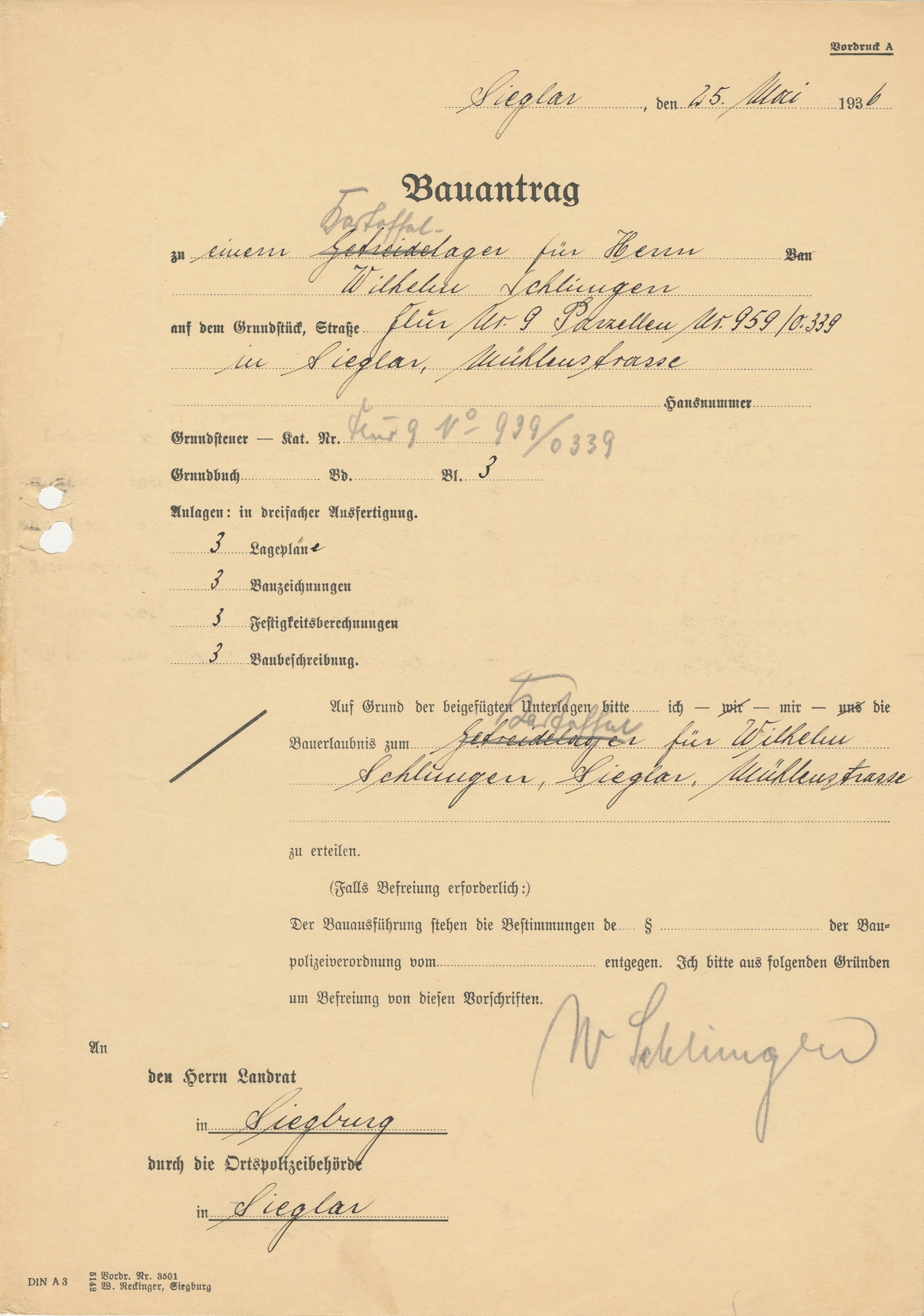 Bauantrag vom 25.05.1936 zum Bau eines Kartoffellagers für Herrn Wilhelm Schlimgen auf einem Grundstück in der Mühlenstraße in Sieglar (Quelle: Stadtarchiv Troisdorf, B 1536) Bauantrag vom 25.05.1936 zum Bau eines Kartoffellagers für Herrn Wilhelm Schlimgen auf einem Grundstück in der Mühlenstraße in Sieglar (Quelle: Stadtarchiv Troisdorf, B 1536)