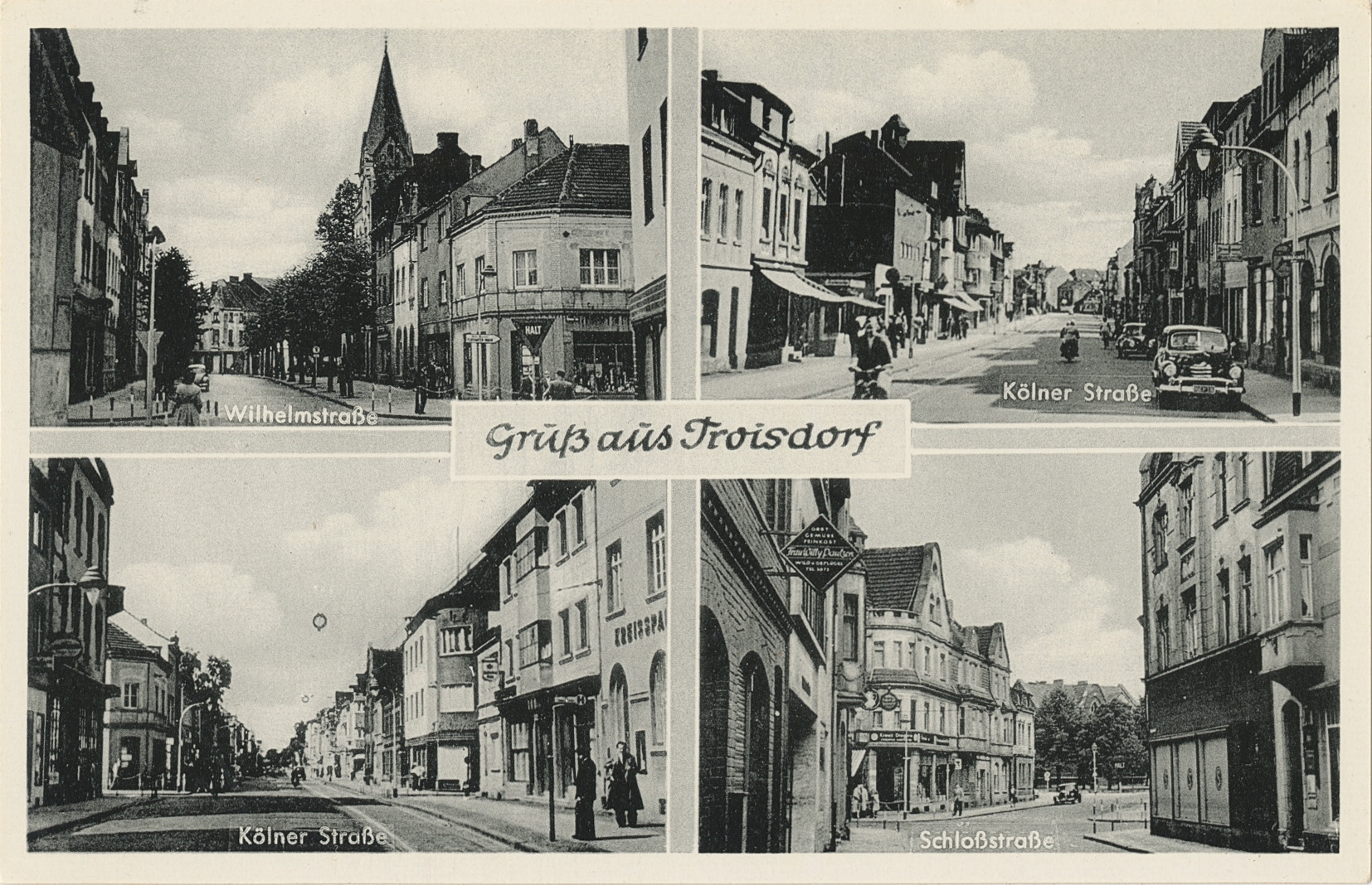 Die Schloßstraße auf einer historischen Ansichtskarte, Verlag F. Vogel in Oberlar (Quelle: Stadtarchiv Troisdorf)