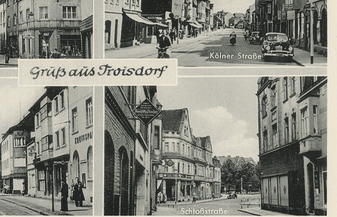 Die Schloßstraße auf einer historischen Ansichtskarte, Verlag F. Vogel in Oberlar (Quelle: Stadtarchiv Troisdorf) Die Schloßstraße auf einer historischen Ansichtskarte, Verlag F. Vogel in Oberlar (Quelle: Stadtarchiv Troisdorf)