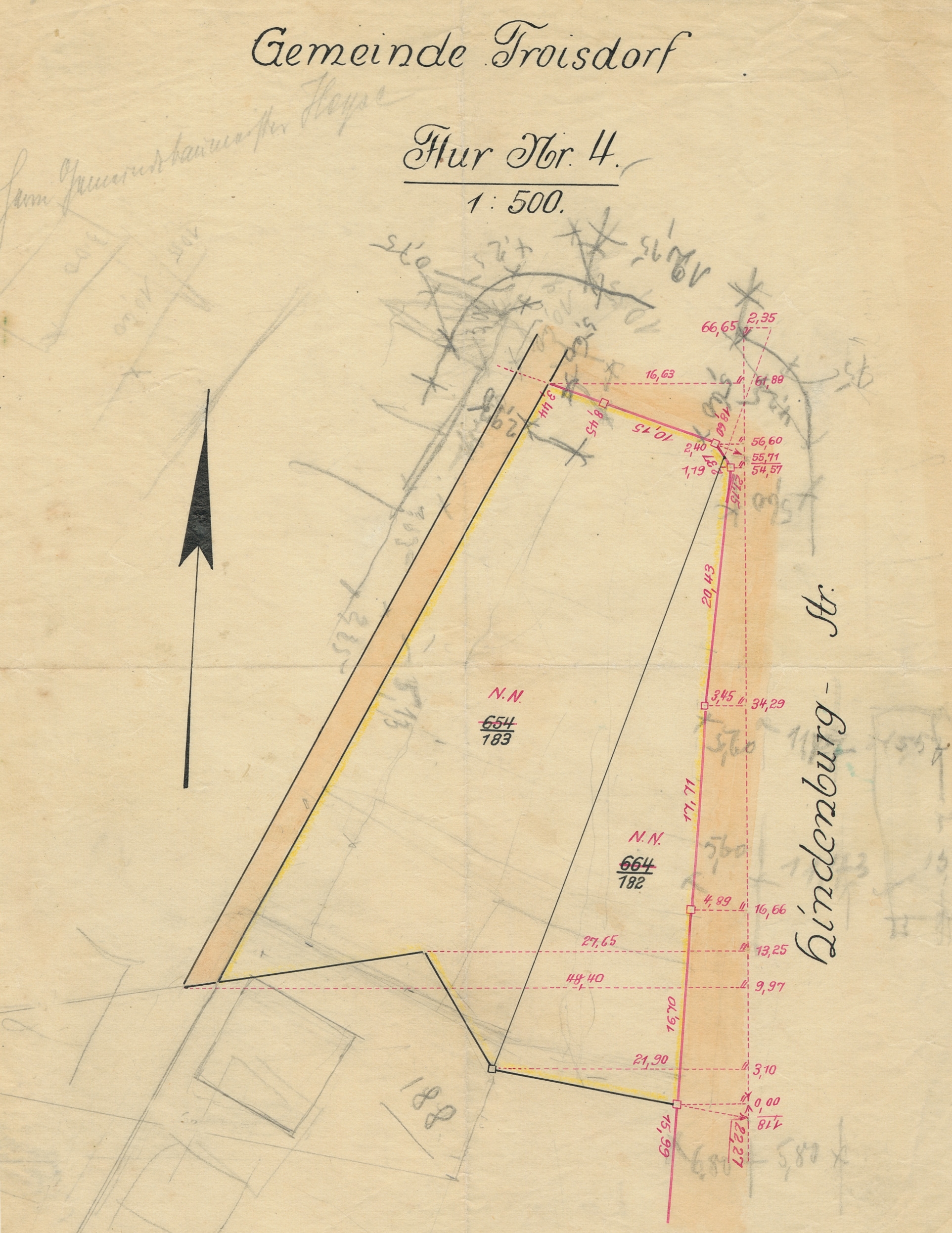 Die Hindenburgstraße (seit August 1948: Siebengebirgsallee) auf einem Flurplan der Gemeinde Troisdorf, 1930/40er-Jahre (Quelle: Stadtarchiv Troisdorf, A 1659)