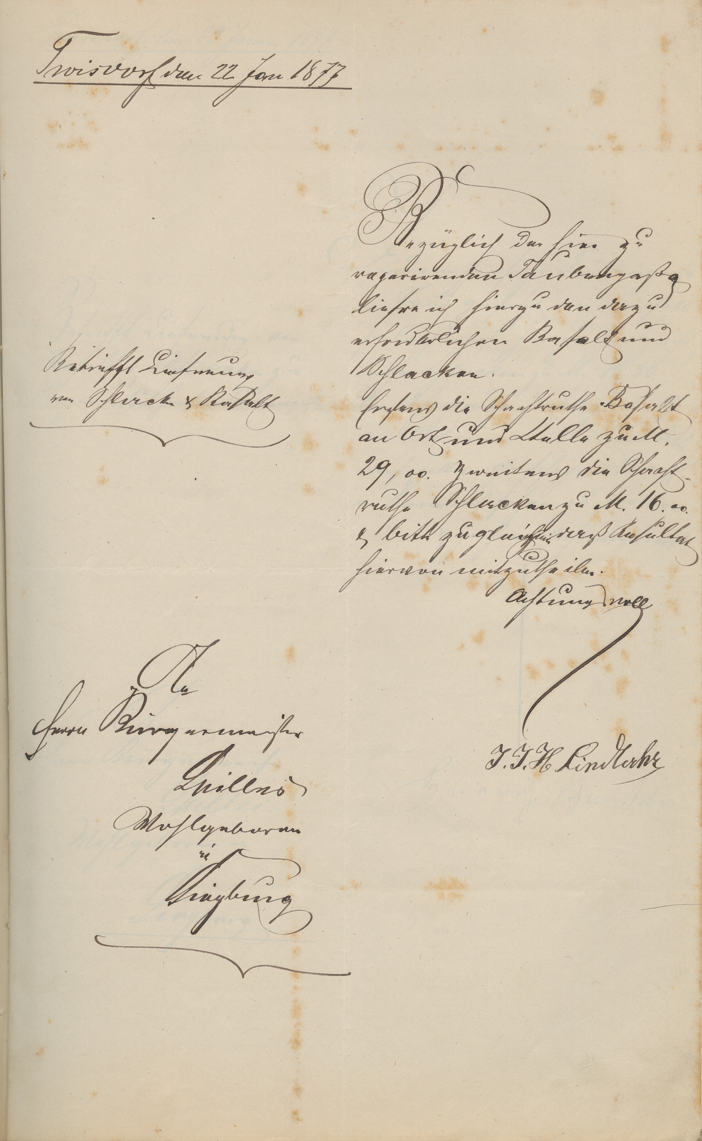 Schreiben eines Bauunternehmers an den Siegburger Bürgermeister Jakob Spilles vom 22.01.1877 betreffend die Lieferung von Basalt und Schlacke für die Reparatur der Taubengasse in Troisdorf (Stadtarchiv Troisdorf, A 154, Bl. 126) Schreiben eines Bauunternehmers an den Siegburger Bürgermeister Jakob Spilles vom 22.01.1877 betreffend die Lieferung von Basalt und Schlacke für die Reparatur der Taubengasse in Troisdorf (Stadtarchiv Troisdorf, A 154, Bl. 126)