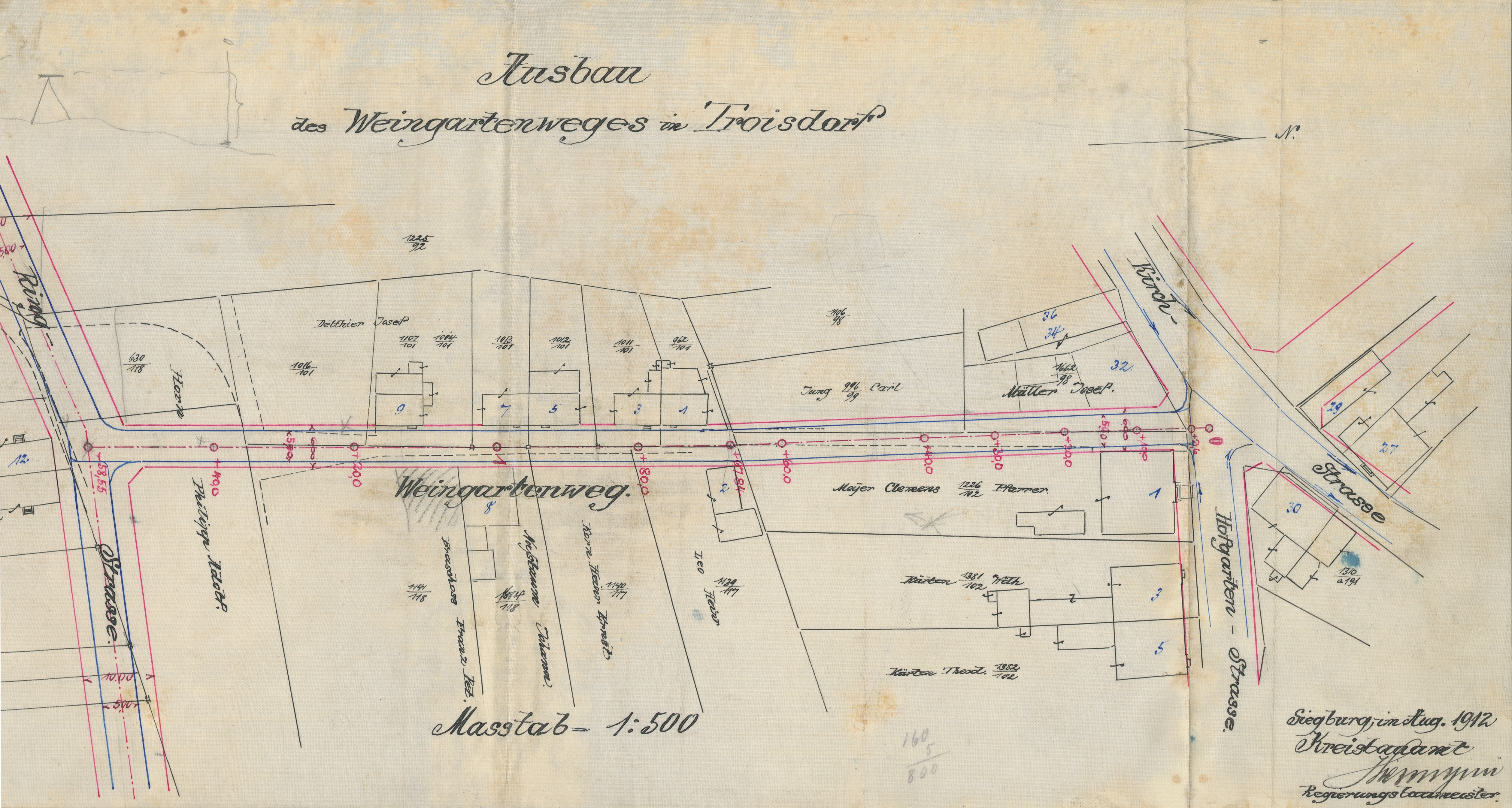 Plan zum Ausbau des Weingartenwegs in Troisdorf aus dem Jahr 1912 (Quelle: Stadtarchiv Troisdorf, A 239, Bl. 11)