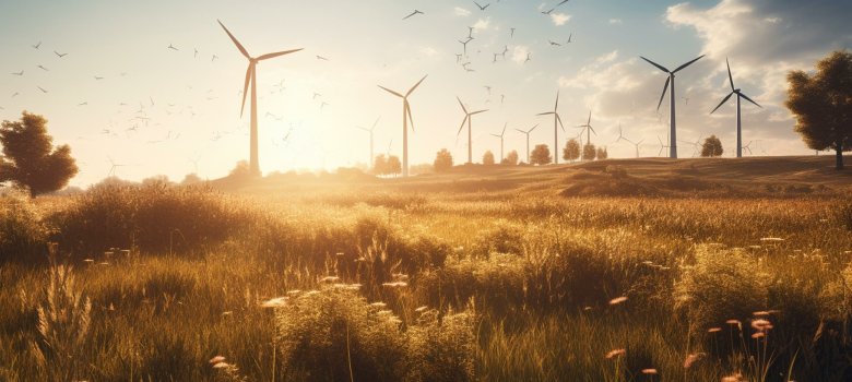 Wind turbines in the field, renewable energy concept, eco friendly environment, earth day. Ai generated. Generative AI
