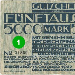 1. Türchen: Notgeldschein der Stadt Siegburg vom 15.10.1922 mit Nominalwert von 5.000 Mark, Vorderseite (Stadtarchiv Troisdorf, Notgeldsammlung)