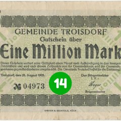 14. Türchen: Notgeldschein der Gemeinde Troisdorf vom 21.8.1923 mit Nominalwert von 1.000.000 Mark, Vorderseite (Stadtarchiv Troisdorf, Notgeldsammlung; Blog)