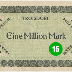 15. Türchen: Notgeldschein der Gemeinde Troisdorf vom 21.8.1923 mit Nominalwert von 1.000.000 Mark, Rückseite (Stadtarchiv Troisdorf, Notgeldsammlung; Blog)