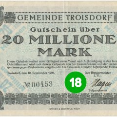 18. Türchen: Notgeldschein der Gemeinde Troisdorf vom 10.9.1923 mit Nominalwert von 20.000.000 Mark, Vorderseite (Stadtarchiv Troisdorf, Notgeldsammlung; Blog)