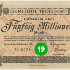 19. Türchen: Notgeldschein der Gemeinde Troisdorf vom 10.9.1923 mit Nominalwert von 50.000.000 Mark, Vorderseite (Stadtarchiv Troisdorf, Notgeldsammlung; Blog)