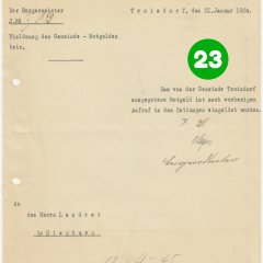 Schreiben des Troisdorfer Bürgermeisters an den Landrat in Siegburg vom 21.01.1924 mit der Mitteilung, dass das von der Gemeinde Troisdorf ausgegebene Notgeld eingelöst worden ist (Stadtarchiv Troisdorf, A 128, Bl. 53)