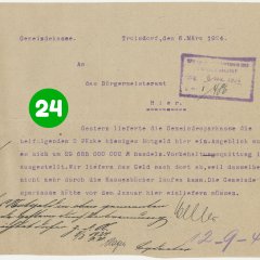 Schreiben der Gemeindekasse an das Troisdorfer Bürgermeisteramt vom 06.03.1924 mit der Mitteilung, dass das restliche Notgeld von der Gemeindesparkasse abgeliefert wurde (Stadtarchiv Troisdorf, A 128, Bl. 56)