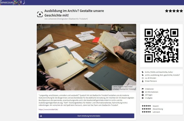 Parcours "Ausbildung im Archiv? Gestalte unsere Geschichte mit!" auf der Website von BIPARCOURS (Screenshot: Stadtarchiv Troisdorf)